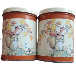 2 Vintage Squirrels in Fall Metal Tins 3.5"x4.75"